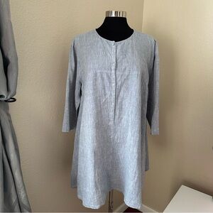 Eileen Fisher Light Blue 100% Organic Linen 1/4 Button Front Tunic Shirt